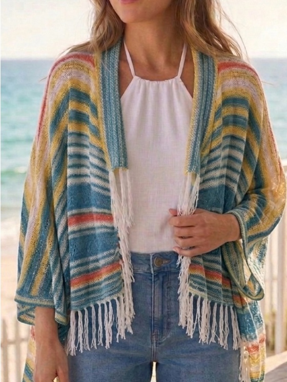 Ruby Rd. Petite bohemian Multicolor Striped Open-Knit Fringe Cardigan